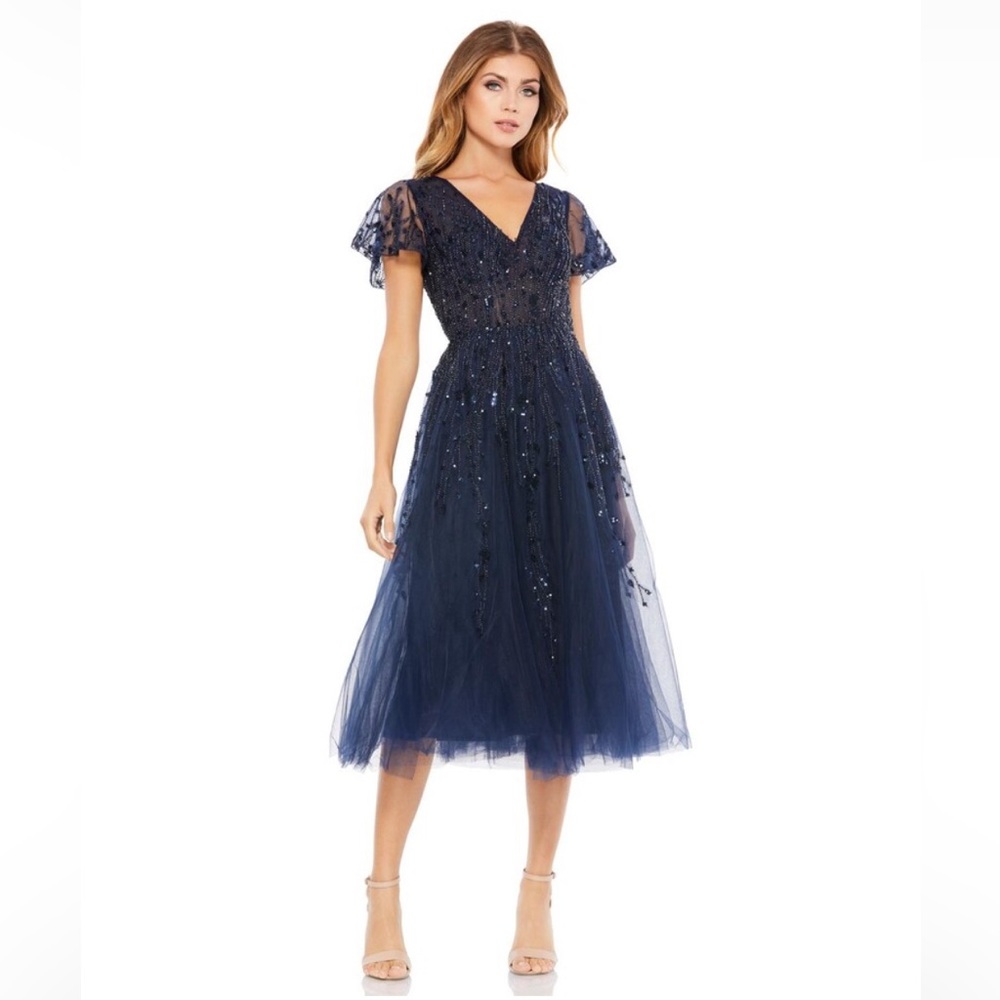 Beautiful Mac Duggal Beaded Tulle Tea-Length Dress Navy Blue Size 6 Knee Length